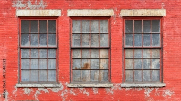 Fototapeta Three gridded windows in a weathered red brick wall with peeling paint