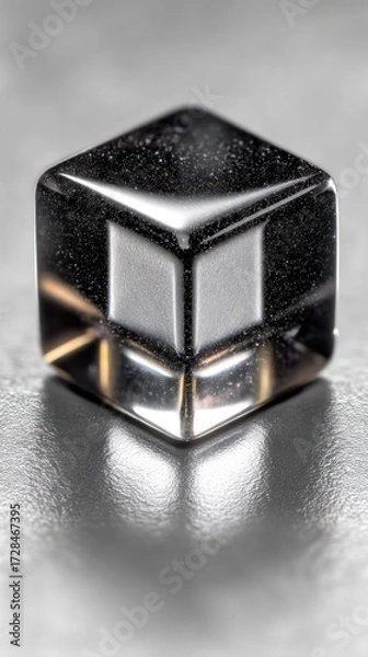 Fototapeta Translucent cube, partially mirrored, reflecting light on grey surface
