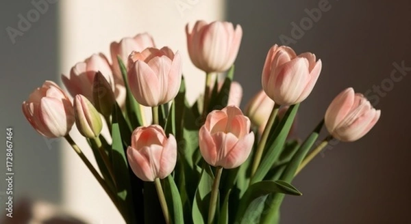 Fototapeta A bouquet of light pink tulips in full bloom, with soft sunlight highlighting their delicate petals against a neutral background.