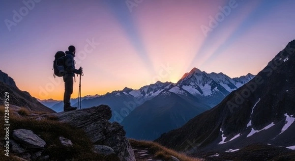 Fototapeta A lone hiker stands on a rocky outcrop, gazing at a majestic mountain range bathed in the ethereal glow of a sunrise.