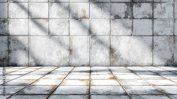Fototapeta Tiled surface with sunlight casting shadows, weathered and worn look