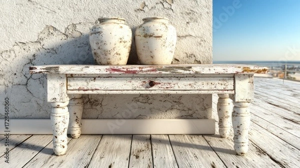 Fototapeta Two aged vases on distressed table; ocean backdrop