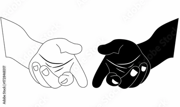 Fototapeta Vector illustration of human hand in outline and silhouette style showing pointing, hand drawing and beckoning gesture. Symbol of direction, call, invite, attention, and communication.