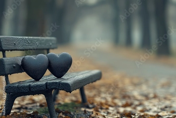 Fototapeta Two heart stones rest on a bench in a leafy, foggy park