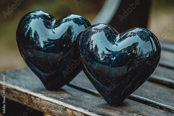 Fototapeta Two dark heart-shaped stones rest on wooden planks, shiny and smooth