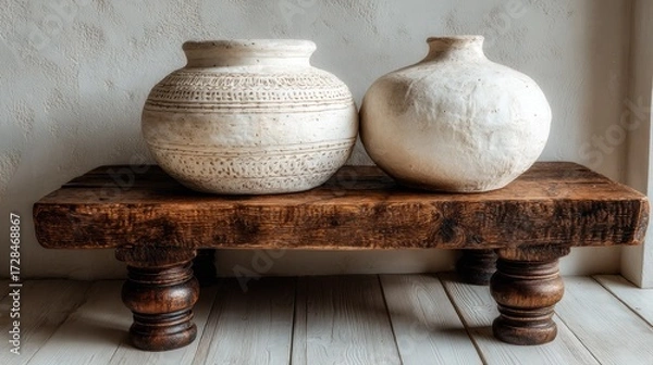 Fototapeta Two earthen vases sit atop a rustic, wooden stand against a textured wall