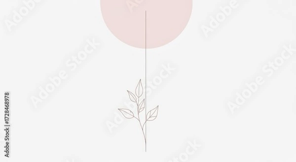 Fototapeta Minimalist illustration featuring a delicate floral stem, a line, and a soft pink circle.