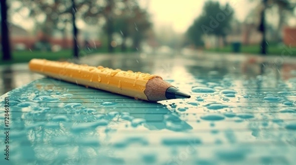 Fototapeta Wet yellow pencil on a turquoise table in the rain, blurry backdrop