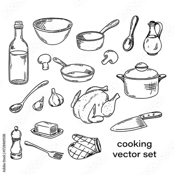 Fototapeta Vector set of kitchen utensils. Cooking chicken, main course, lunch. Sketch of kitchen utensils. Vector illustrations.