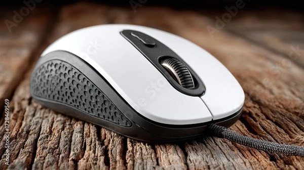 Fototapeta White computer mouse on textured wood, low angle perspective, natural light