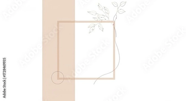 Fototapeta Minimalist design featuring a beige vertical stripe, a square frame, a circle, and delicate floral line art on a white background.