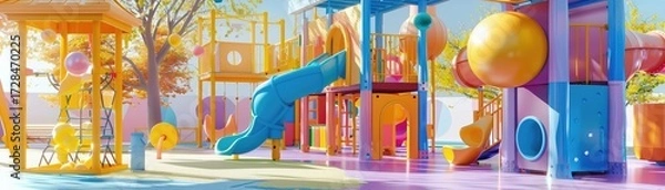 Fototapeta 3D rendering of a colorful children s playground, with dynamic structures and lively atmosphere, creating a fun and engaging visual experience