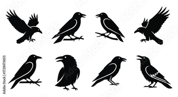 Fototapeta A collection of eight black crow and raven silhouettes in various poses, including flying, perched, and cawing on a white background.