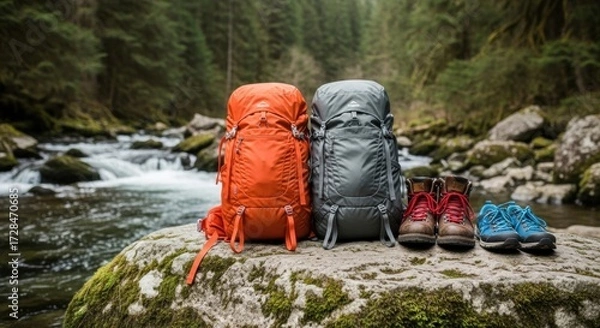 Fototapeta Two backpacks and hiking boots are arranged on a rock near a flowing river in a forest.