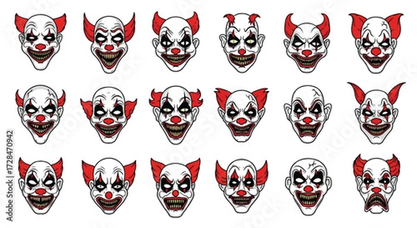 Fototapeta A collection of various clown faces with different expressions and features, all in a creepy style.