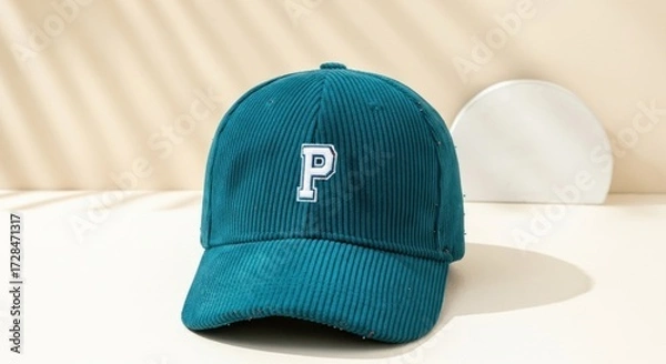 Fototapeta A teal corduroy baseball cap with a white letter "P" embroidered on the front, resting on a light surface with a neutral background.