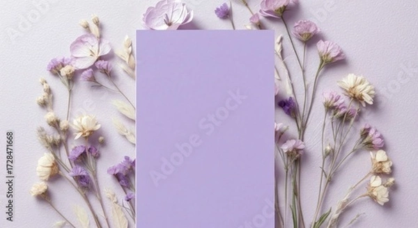 Fototapeta A blank lavender rectangle surrounded by delicate dried flowers, creating a soft, elegant composition.