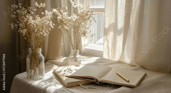 Fototapeta Open notebook and pencil on a windowsill with dried flowers and soft, natural light creating a calm, cozy atmosphere.