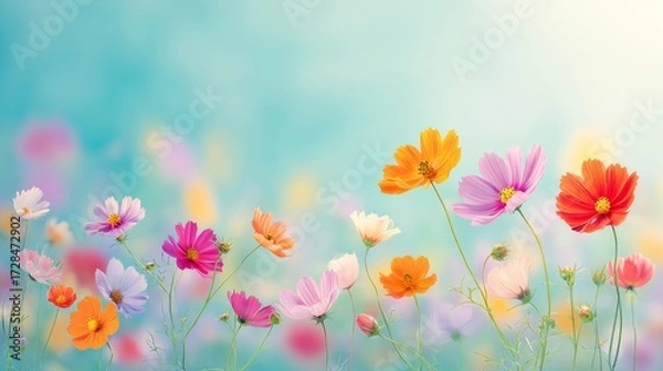 Fototapeta Colorful cosmos flowers in orange pink red and white with a soft diffused light blue background