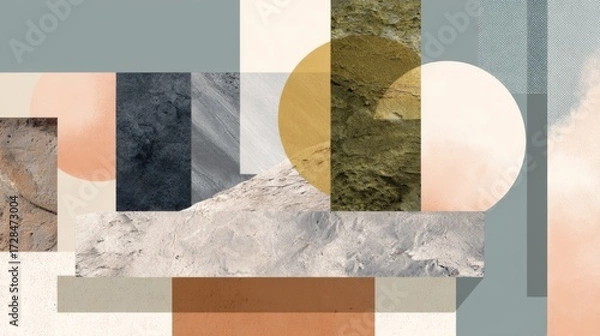 Fototapeta Abstract geometric composition featuring stone textures circles squares and soft pastel colors