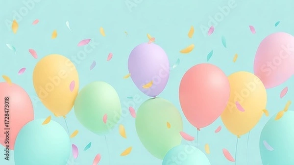 Fototapeta Pastel colored balloons floating against a light blue background with confetti scattered around them