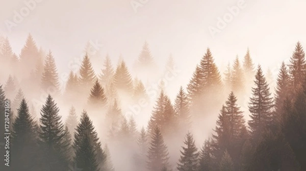Fototapeta Evergreen trees fill the frame with fog and mist creating a calming peaceful forest scene