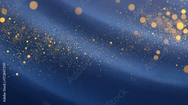 Fototapeta Abstract background displaying a rippled deep blue surface with golden glitter and bokeh elements