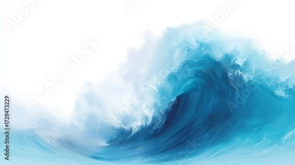 Fototapeta Powerful blue ocean wave with white foam cresting presented against a bright white background