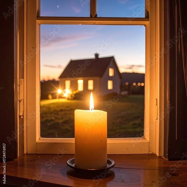 Obraz Candlelight through a window at dusk