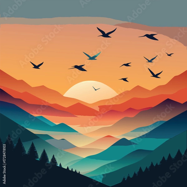 Fototapeta Scenic mountain range with birds flying towards the sun during a colorful sunset