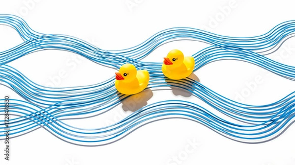 Obraz Two Rubber Ducks Floating on Intersecting Abstract Blue Wave Lines