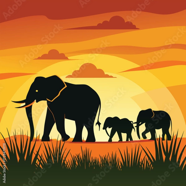 Fototapeta Silhouette of elephants walking in the savanna at sunset with orange sky and grass in the foreground