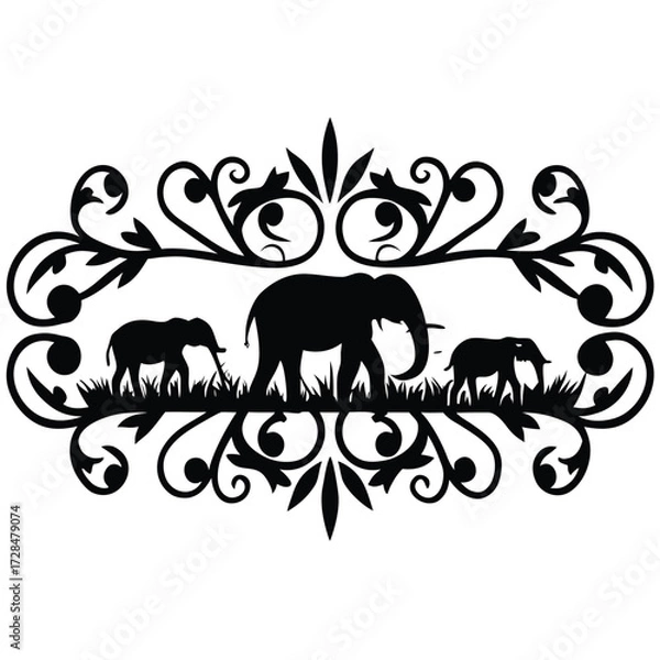Fototapeta Silhouette of three elephants framed by decorative swirls, creating an elegant design