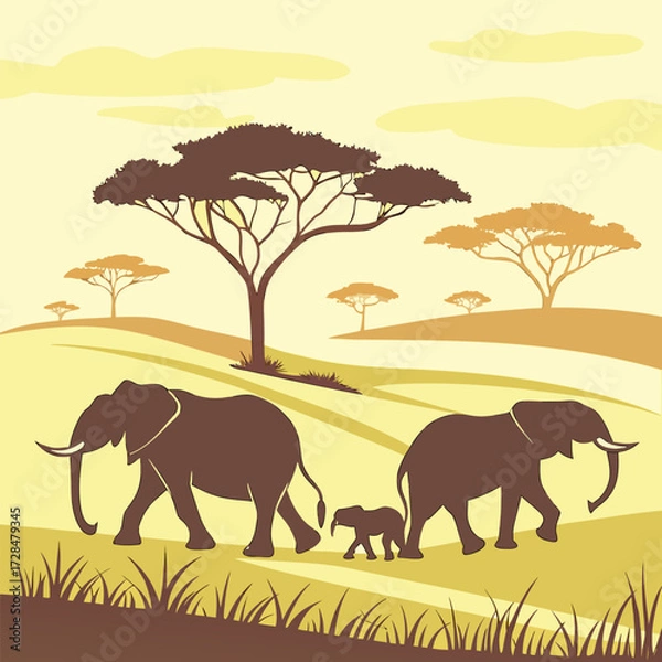 Fototapeta Illustration of a family of elephants walking through the african savanna with acacia trees in the background