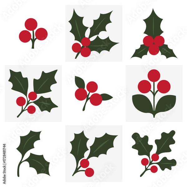 Fototapeta Collection of Christmas Holly Icons Featuring Green Leaves in Various Arrangements on Light Background