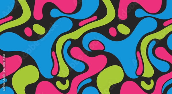 Fototapeta Vibrant abstract seamless pattern with organic blob shapes in pink, blue, and green on a dark background, evoking a retro psychedelic style.