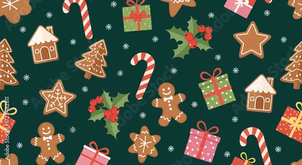 Obraz Festive Christmas pattern with gingerbread cookies, candy canes, and gifts on a green background.