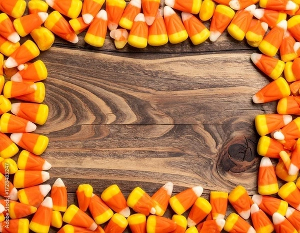 Obraz Candy corn border on a wooden surface