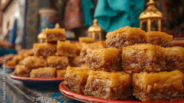 Fototapeta Close-up of baklava pieces arranged in colorful ceramic plates on a Moroccan souk stall. Background with blurred mosaic walls