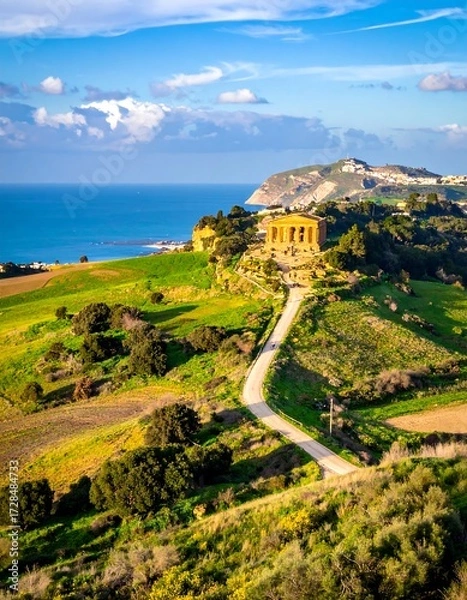 Obraz Panoramic view of ancient ruins overlooking a Mediterranean landscape