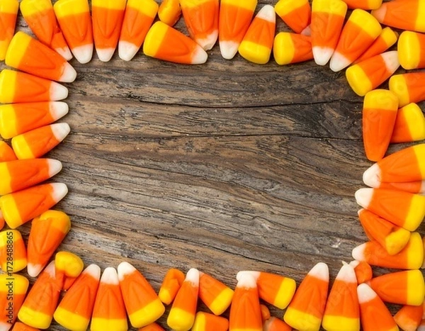 Fototapeta Candy corn border on rustic wood