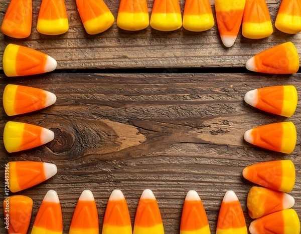 Fototapeta Candy corn border on rustic wood