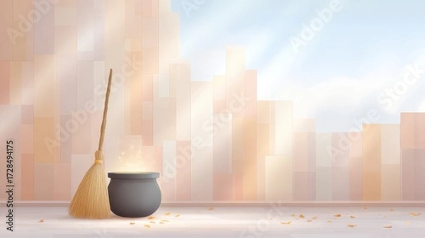 Fototapeta Vibrant Flat Design Illustration of Witch's Broomstick and Cauldron on a Soft Background with Autumn Elements
