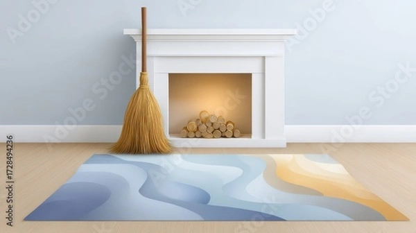 Fototapeta Vibrant Halloween Illustration of Witch's Broomstick and Cozy Fireplace with Soft Colors and Flat Design Style