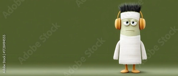 Fototapeta Whimsical Minimalist Halloween Illustration of a Mummy Character with Headphones on a Green Background
