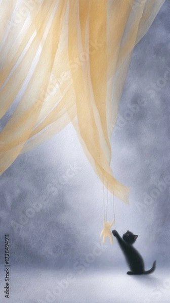 Fototapeta Whimsical Halloween Illustration of a Black Cat with Floating Yellow Ribbons in a Vintage Style