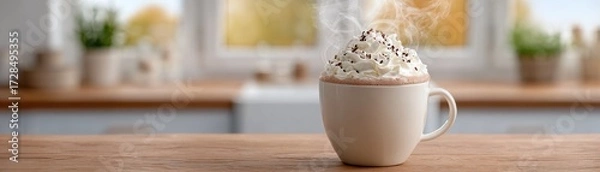 Fototapeta Inviting Hyper-realistic Illustration of Steaming Cup of Hot Beverage with Whipped Cream and Cocoa in Cozy Kitchen Setting