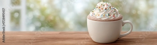 Fototapeta Inviting Halloween Illustration of Hyper-Realistic Steaming Cup of Hot Chocolate with Whipped Cream and Colorful Sprinkles
