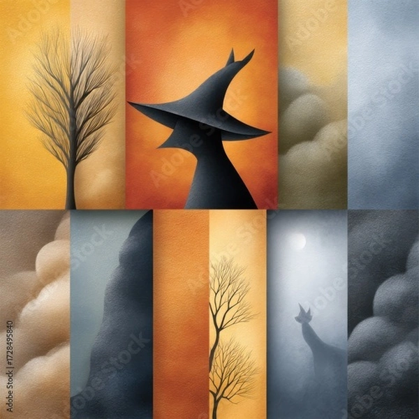 Fototapeta Vintage Halloween Illustration Featuring Silhouetted Witch and Spooky Scenes in a Whimsical Retro Style