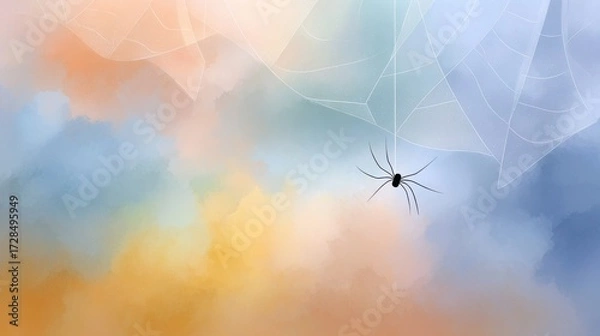 Fototapeta Vintage Halloween Illustration of a Happy Spider Hanging from a Colorful Web in a Dreamy Background